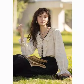 Mishow Французская винтажная блузка для женщин Весна Лето Корейский стиль с оборками с v-образным вырезом и расклешенными рукавами Офисная женская блузка Свободная женская одежда MXC11X0388