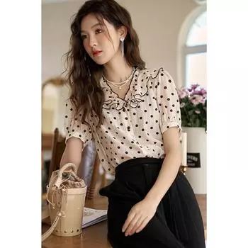 Mishow Французские винтажные рубашки для женщин Лето в горошек в корейском стиле Базовые с v-образным вырезом и оборками с пышными рукавами Короткая блузка Женская одежда MXC34C0021 S розовый