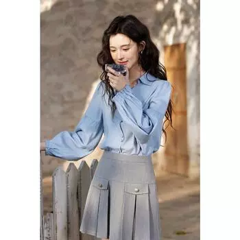 Mishow Французский стиль с длинным рукавом розовая рубашка женская весна лето 2025 новые элегантные милые повседневные топы для девочек мода MXE11C0388 S синий