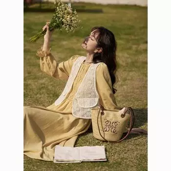 Mishow французское платье для женщин, весенний нежный женский комплект трапециевидной формы с круглым вырезом в стиле ампир, кружевной короткий жилет Prairie Chic, женская одежда MXC14L1278 S жёлтый