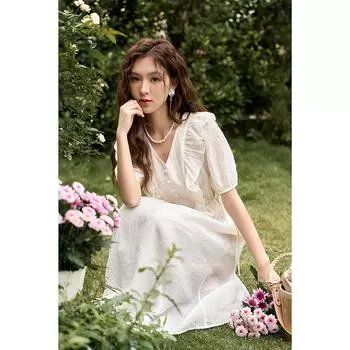 Mishow французское винтажное платье с v-образным вырезом и оборками для женщин, летнее свободное платье-миди трапециевидной формы на шнуровке с пышными рукавами, женская одежда MXC33L1381 S