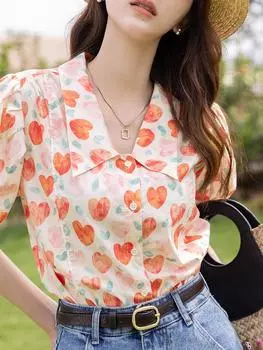 MISHOW летние корейские шикарные женские модные блузки милые ретро с цветочным принтом и воротником-поло, пышными рукавами, женские топы MXB27C0450 S
