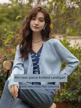 Mishow Mock двухсекционный вязаный кардиган для женщин в полоску специального дизайна с v-образным вырезом и панелями, тонкий весенний, элегантный, мягкий, на пуговицах для женской одежды MXC11Z1258 F