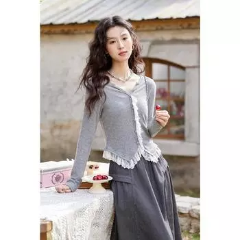 Mishow Модный милый кружевной кардиган в стиле пэчворк, женский весенний новый повседневный свитер с V-образным вырезом и длинными рукавами MXD47Z0862 S серый