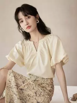 MISHOW Новая рубашка для женщин, новинка 2024 года, французская элегантная однотонная складная женская блузка с v-образным вырезом и короткими пышными рукавами MXC38X0043 S абрикосовый