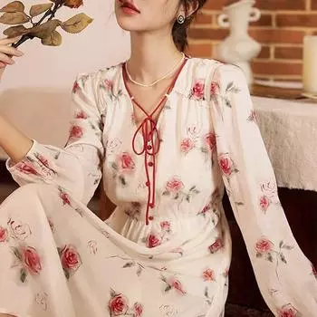 MISHOW осеннее платье с цветочным принтом во французском стиле 2023, тонкое женское платье миди с v-образным вырезом и длинными рукавами на шнуровке, MXC41L1561 S