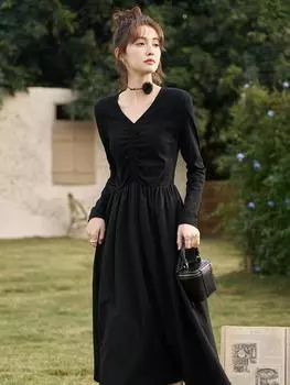 Mishow Платье для женщин, новинка 2024 года, весеннее хлопковое черное однотонное модное элегантное платье с v-образным вырезом MXC59L1640