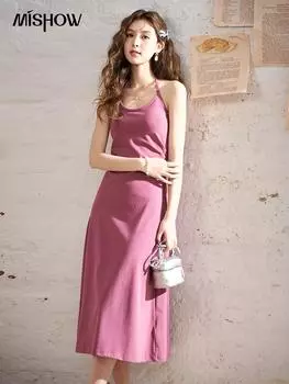Mishow платья-комбинации для женщин, новинка лета 2024, однотонное стильное тонкое повседневное платье без рукавов с круглым вырезом MXD13L1650 S