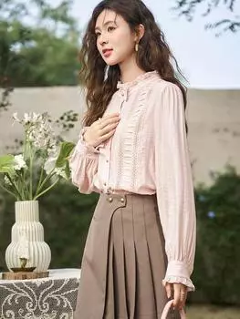 Mishow розовая рубашка с вышивкой для женщин, новинка 2024 года, корейский стиль, кружевной воротник, пригородные топы с длинными рукавами MXD12C0162