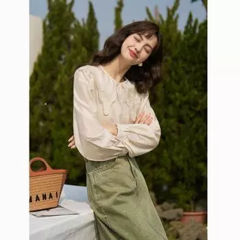 Mishow рубашка с вышивкой для женщин французский воротник Питер Пэн асимметричный весна лето пышные рукава милая элегантная женская одежда с цветочным принтом MXC14C0014