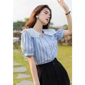 Mishow Свободная рубашка для женщин Лето в Корейском стиле с пышными рукавами Кружевной воротник Питер Пэн Милая прямая женская блузка Женская одежда MXB25C0408 S