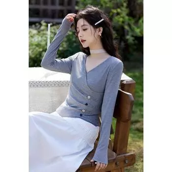 Mishow Трикотажная рубашка однотонная с V-образным вырезом и длинными рукавами женская весна-летоНовая модная эластичная тонкая футболка Топы Sweet MXE11Z1076 S