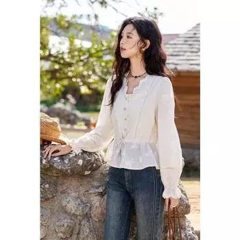 Mishow Вышитая блузка женская весенняя новая французская элегантная абрикосовая кружевная премиум-версия с завязками на шнурке и V-образным вырезом MXE11X1708 S