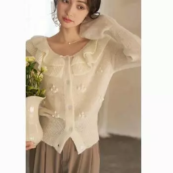 Mishow винтажный мягкий вязаный кардиган для женщин с рюшами на воротнике, весенний французский V-образный вырез, стереоскопическая цветочная вышивка, милая женская одежда MXC13Z0013