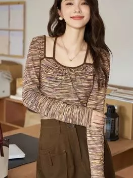 Mishow вязаная футболка для женщин, осень 2023, новая полоса со вставками в корейском стиле с круглым вырезом, тонкий пуловер с длинными рукавами, топы MXC44T0143