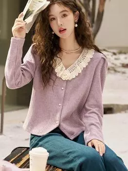 MISHOW вязаный кардиган для женщин, новинка 2024 года, нежный воротник с рюшами, однотонный нишевый дизайн, одежда во французском стиле, топы MXC59X1412