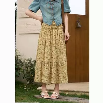 Mishow желтая юбка с цветочным принтом для женщин, летняя свободная юбка миди в Корейском стиле с эластичной резинкой на талии, плиссированная юбка-миди, женская одежда MXC33B0050 S