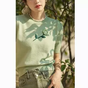 MISHOW женская футболка с короткими рукавами и цветочной вышивкой, милый элегантный женский вязаный топ с круглым вырезом, офисный женский MXC14Z0016