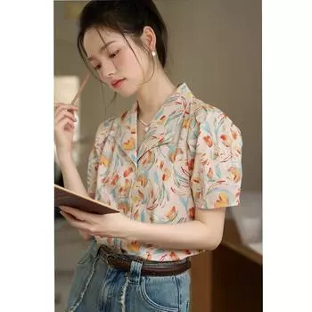 Mishow Женская рубашка 2023 Лето с цветочным принтом во французском стиле Винтаж с коротким рукавом Элегантные универсальные женские топы MXC38C0055 S