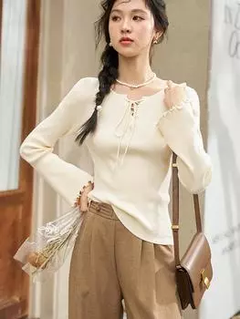 MISHOW женский вязаный свитер 2024 с v-образным вырезом, эластичные манжеты с кромкой, элегантные мягкие однотонные топы на шнуровке, офисные женские туфли MXC43Z0117