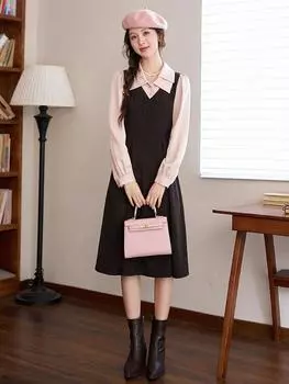 MISHOW женское французское лоскутное платье, осень 2023, элегантное платье с талией и длинными рукавами, лацканами и боковой молнией, искусственные платья из двух предметов MXC45L1585 S