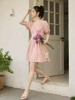 Mishow женское платье летние элегантные модные свободные пригородные складки розовый клетчатый v-образный вырез винтажный пуловер платья трапециевидной формы MXC35L1461 S