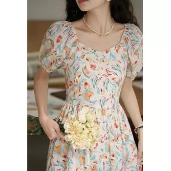 MISHOW женское платье с французским цветочным принтом, лето 2023, трапециевидное платье с пышными рукавами и квадратным воротником, ажурные женские платья MXC38L1423 S
