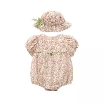 [Misia Luxury] Ромпер Боди Комбинезон Элегантный Цветочный Цветок Цветочный Детский Новорожденный Летний Набор Шляпа Оранжевый [27169-27173] 12 Месяцев