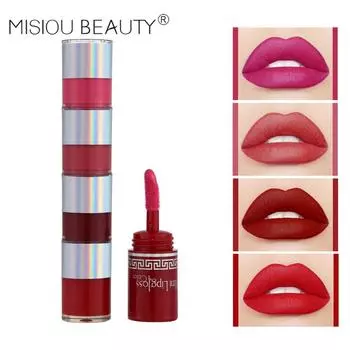 Misiou Beauty, четыре маленьких тюбика мини-водостойкой, невыцветающей чашки с антипригарным покрытием, четырехцветный долговечный матовый матовый блеск для губ, глазурь для губ 01