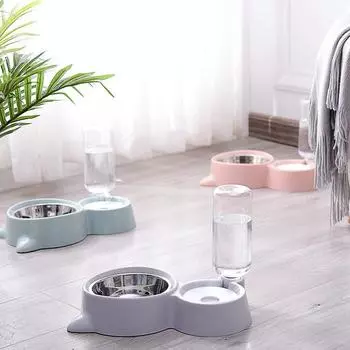 Миска для кошек, двойная миска, принадлежности для кошек, автоматическая миска для питьевой воды, миска для домашних животных, миска для собак, пластиковая защита для шеи, многофункциональная миска серый
