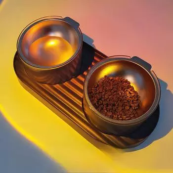 Миска для кошек из нержавеющей стали, двойная наклонная миска для корма для собак и кошек, миска для воды для кошек, миска для корма для кошек, устойчивая к ударам миска для кормления собак 38*19*10cm