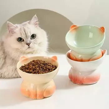 Миска для кошки, интегрированная керамическая диагональная миска для высоких стоп, милая защита шейного отдела позвоночника, миска для собаки, миска для питья для кошки, против черного подбородка 1PC Pet Bowl белый