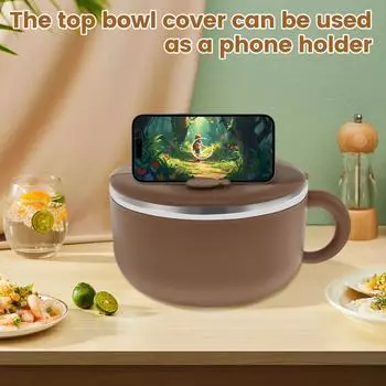 Миска для лапши 1200 мл с крышкой, герметичная миска для приготовления лапши с ручкой и вилкой, изолированная миска для лапши, практичная миска для мгновенного приготовления коричневый