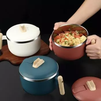 Миска для лапши 1200 мл с ручкой крышки, пищевая нержавеющая сталь 316, детский мультипликационный двухслойный изолированный суп синий