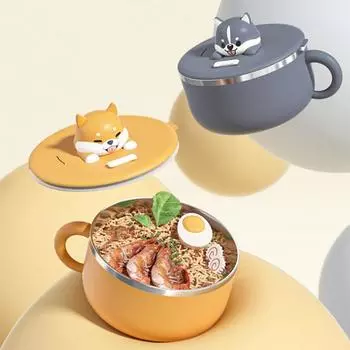 Миска для лапши с крышкой Чаша для рамэна из нержавеющей стали Салатница для общежития Держатель для офисного телефона Термостойкие ручки Двухслойные нержавеющие 1 жёлтый