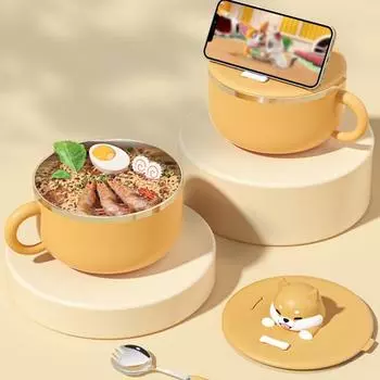 Миска для лапши с крышкой Чаша для рамэна из нержавеющей стали Салатница для общежития Держатель для офисного телефона Термостойкие ручки Двухслойные нержавеющие герметичные 1 жёлтый