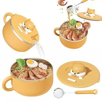 Миска для лапши с крышкой, миска для рамэна из нержавеющей стали, салатница для общежития, офисный держатель для телефона, термостойкие ручки 1 жёлтый