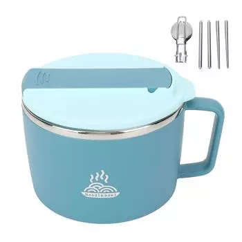 Миска для лапши с палочками для еды и вилкой-ложкой 1200 мл. Портативная миска для приготовления рамена из нержавеющей стали 304 с L(for 6.5-9kg) синий