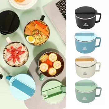 Миска для лапши с палочками для еды и вилкой-ложкой 1200 мл 304 нержавеющая сталь портативная миска для приготовления рамена с крышкой для офиса зелёный