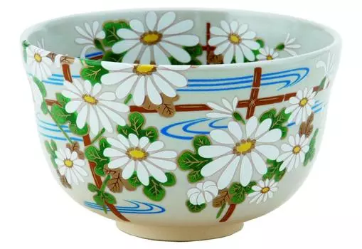 Миска для матча Miyachi Eikou, белая, диаметр x высота, размер подарочной коробки с белой хризантемой: 12,4 7,8 см