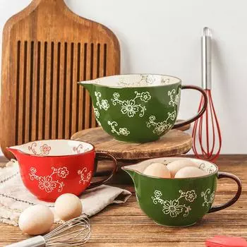 Миска для смешивания 500 мл/1000 мл Керамическая миска Посуда с ручной росписью Бытовая миска с острым носом Чаша для выпечки с ручкой Большая миска S Red