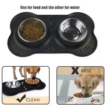 Миска для собак, щенков, кошек, блюдо из нержавеющей стали, поилка для домашних животных, размещение еды, аксессуары для собак, посуда с защитой от перелива 36*21cm чёрный