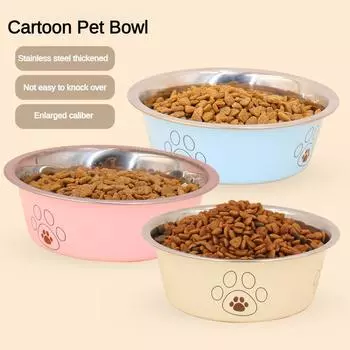 Миска для собаки со следами ног из нержавеющей стали, противоударная, нескользящая миска для кошки, миска для собаки, мультяшная миска для домашних животных, принадлежности для кошек, миска для милой кошки 14CM розовый
