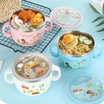 Миска из нержавеющей стали 304, детская, симпатичная, с рисунком из мультфильма, для супа и лапши, большая емкость, устойчивая к падениям, не допускающая ожогов, студенческая миска для бэнто белый