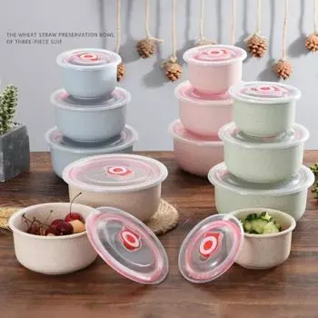 Миски для хлопьев с крышкой, 3 шт./компл., легкие обеденные миски без бисфенола А для лапши, рисового фруктового супа, посудомоечная машина, безопасное многофункциональное хранение в микроволновой печи A бежевый