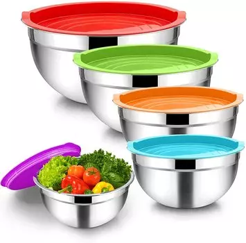 Миски для смешивания, 5 предметов, 4,6/3/1,5/1/0,7 QT, металлическая салатница из нержавеющей стали с набором крышек