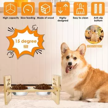 Миски для собак с регулируемой высотой, с 2 мисками для еды и воды из нержавеющей стали, бамбуковая подставка, дерево, для домашних животных, для маленьких, средних и больших собак