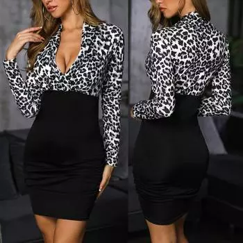 MISS Fashion Women Leopard Print Bodycon Dress Cross V-образным вырезом с длинным рукавом повседневные рабочие платья M чёрный