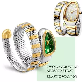 MISS FOX - Women s Fashion Personalized Snake Head Bracelet Stainless Steel Diamond Set Snake Shaped Watch for Women зелёный/золотой