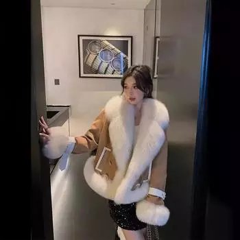 Miss Hera 2024 Burst Suede с большим меховым воротником из лисьего меха и подкладкой из гусиного пуха, осенне-зимняя женская легкая роскошная мода S белый